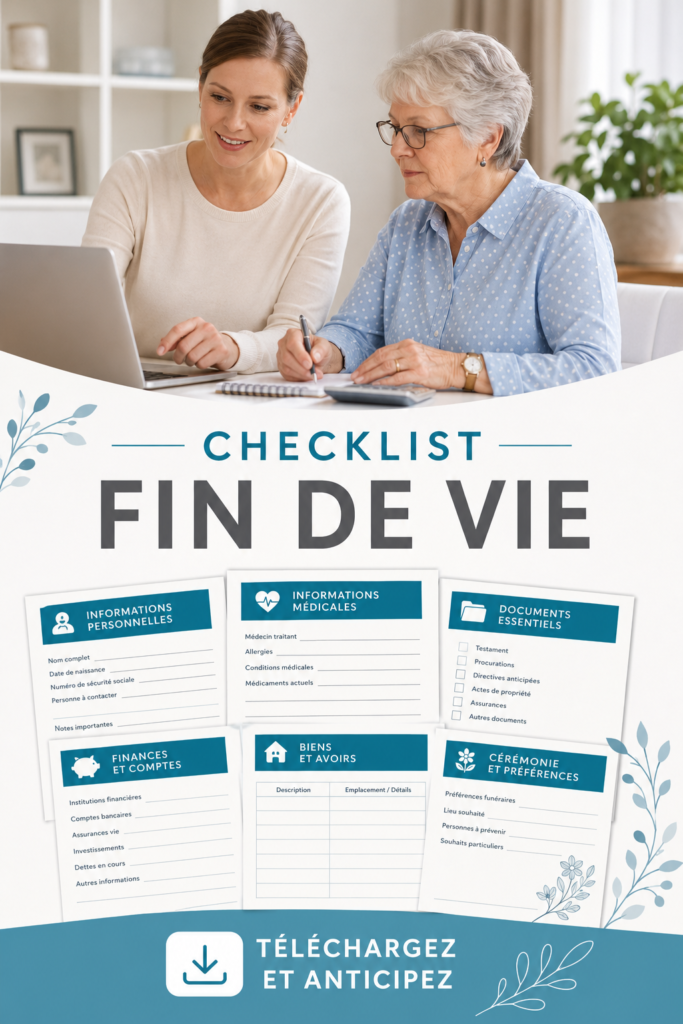 Une checklist visuelle sur la préparation à la fin de vie, évoquant sérénité et organisation.
