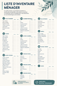 Image d'une checklist d'inventaire pour la maison avec des biens répertoriés.