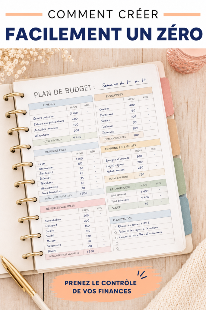 Une femme tenant un carnet de budget avec un ordinateur portable devant elle, représentant la gestion financière personnelle.