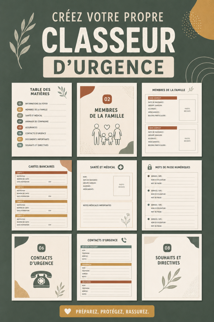 Un classeur d'urgence organisé avec des documents importants à l'intérieur.