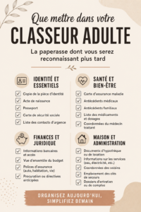 Classeur d'adulte ouvert avec des documents organisés à l'intérieur