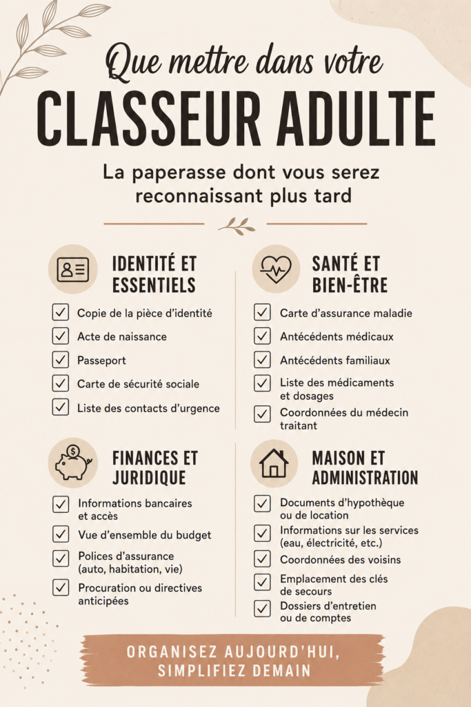 Classeur d'adulte ouvert avec des documents organisés à l'intérieur