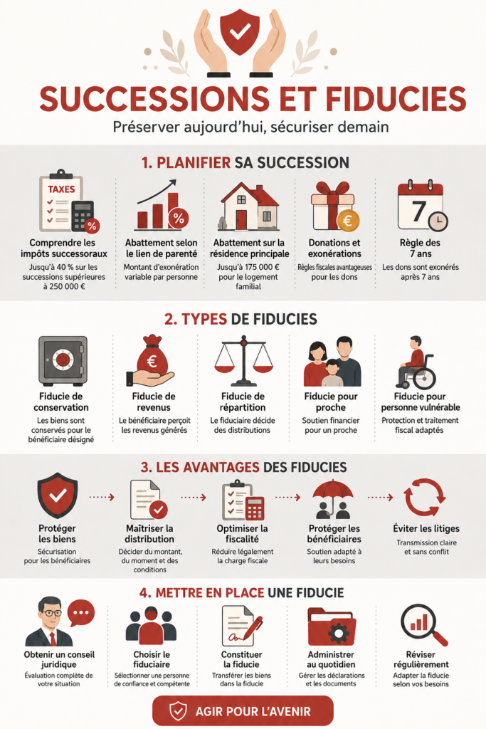 Une image symbolisant l'héritage et la gestion des fiducies, avec des documents légaux sur une table en bois.