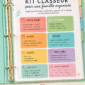 Visuel d'un kit d'organisation familiale avec des documents et des outils de gestion visibles.