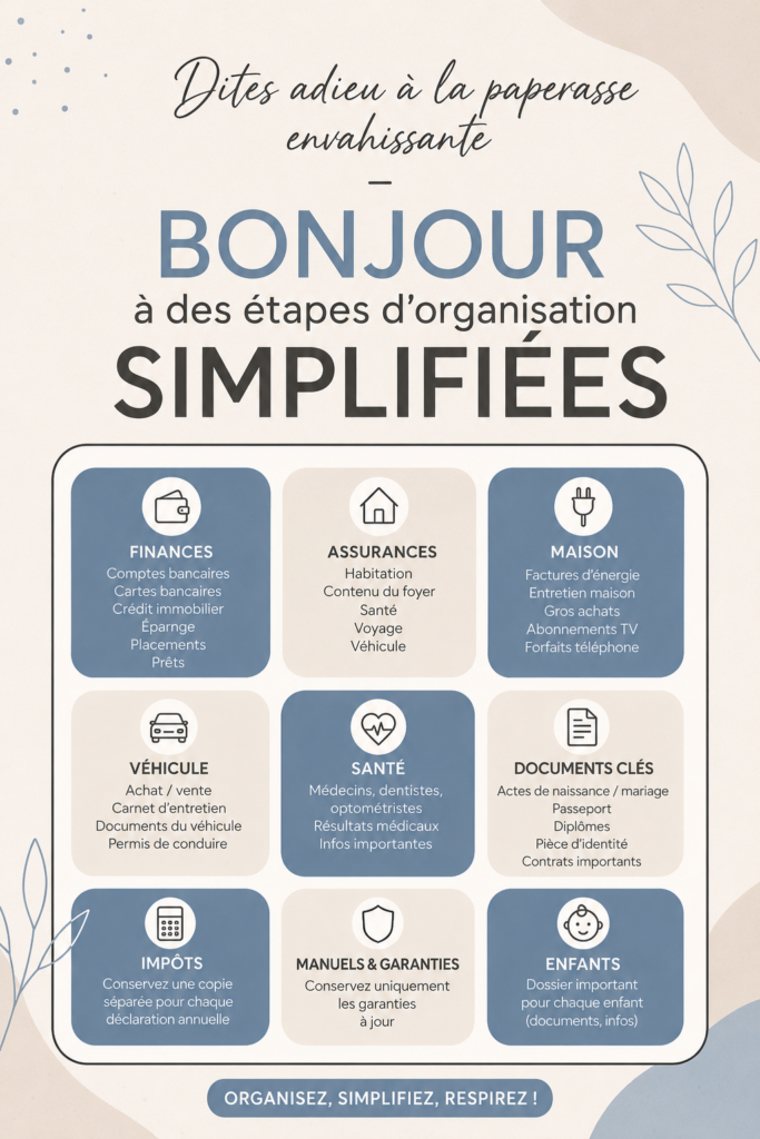 Femme organisant ses documents sur son bureau clair et bien rangé, symbole de sérénité et d'efficacité.
