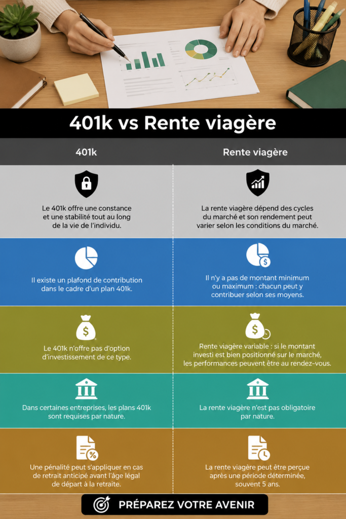 Comparaison graphique entre 401k et rentes pour mieux choisir sa retraite.