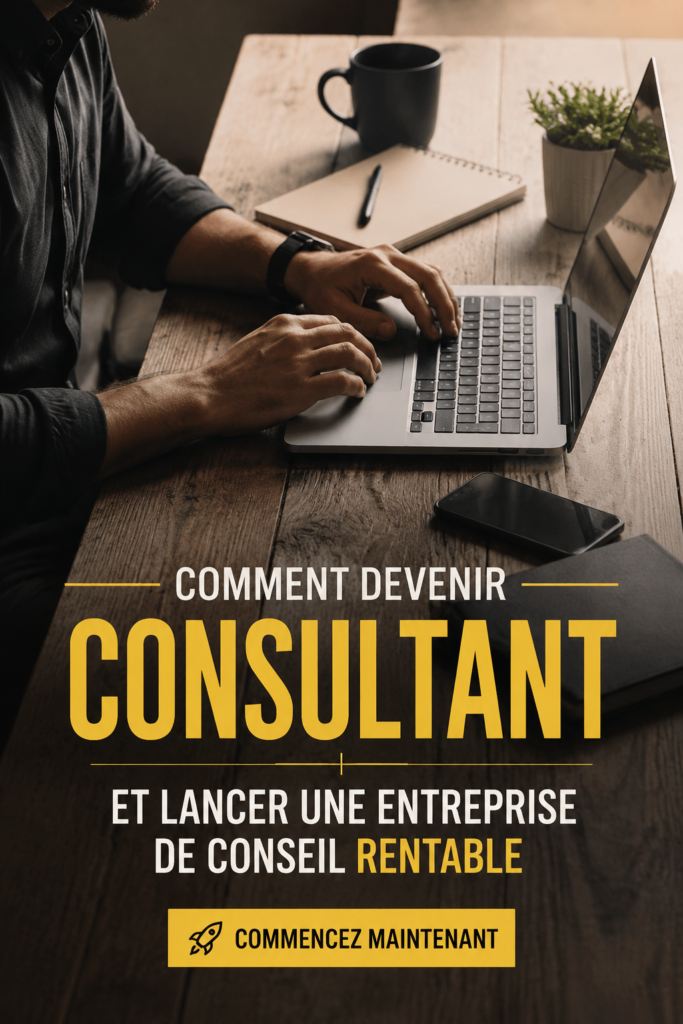 Une femme souriante, se tenant devant son ordinateur, prête à démarrer sa carrière de consultant.