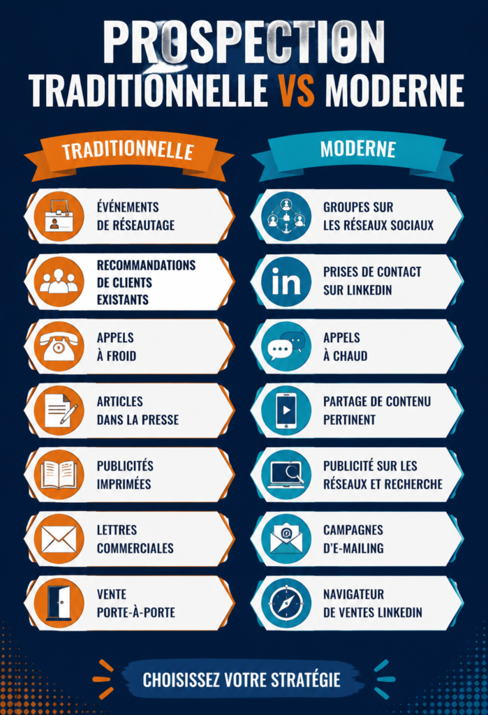 Comparaison entre prospection traditionnelle et moderne avec des graphiques explicatifs.