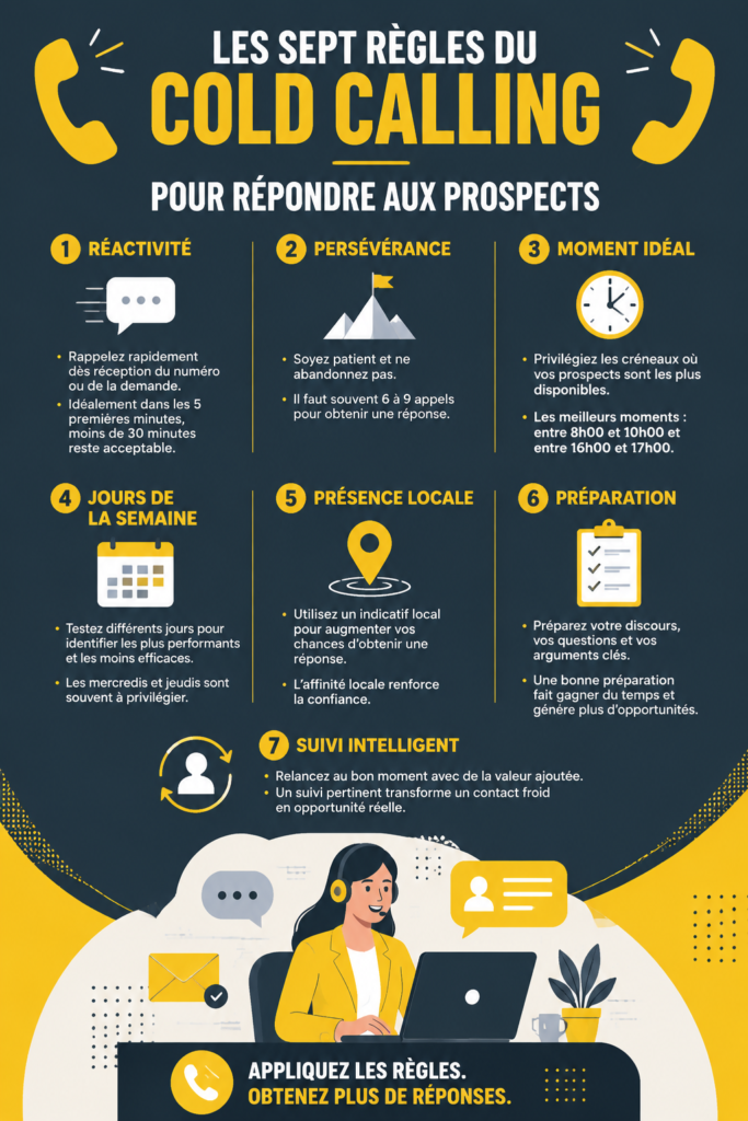Infographie illustrant les 7 règles d'or pour réussir la prospection téléphonique.