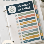Un binder de gestion de maison ouvert sur une table avec des feuillets organisés.