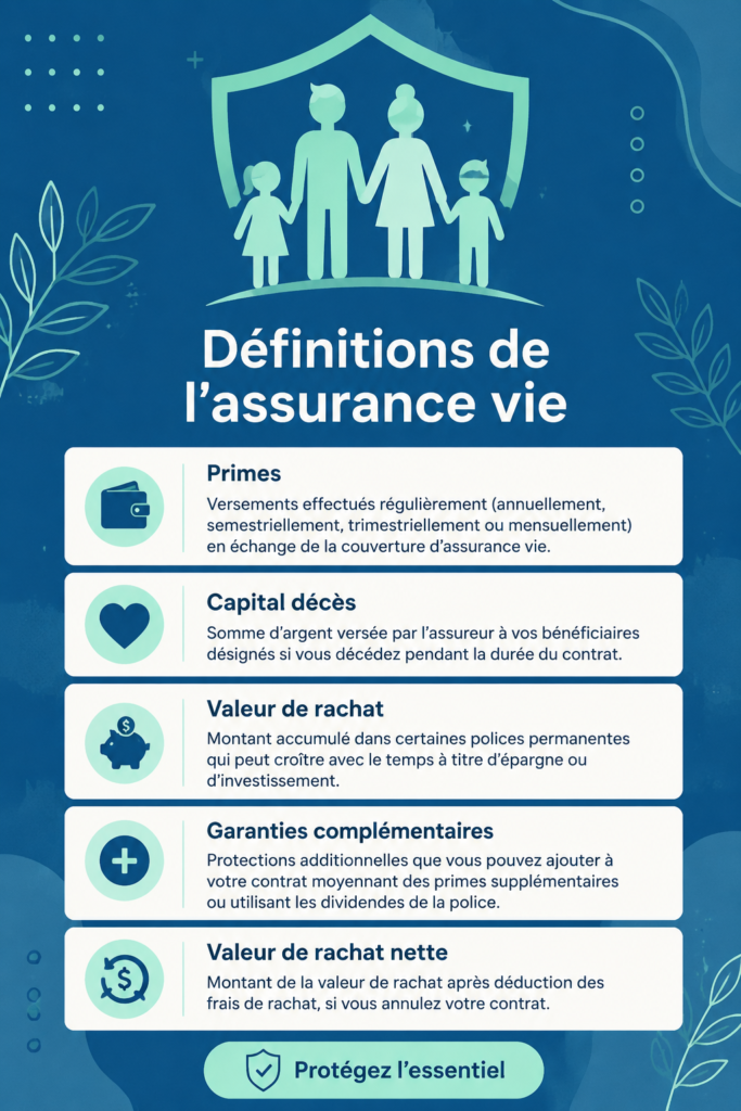 Définition de l'assurance vie avec des illustrations de sécurité financière.