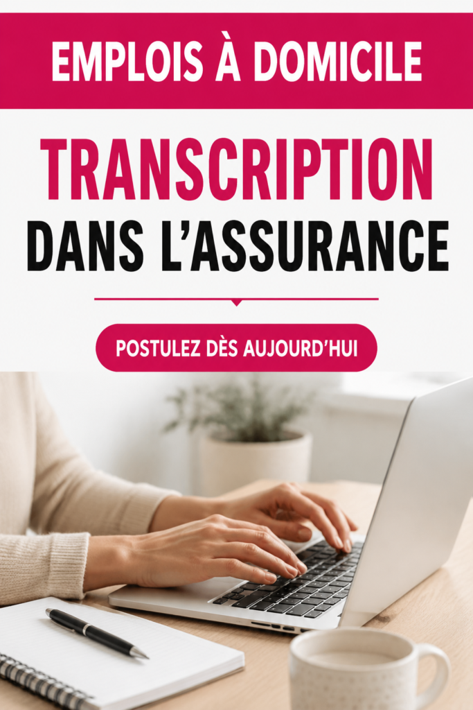 Femme travaillant depuis chez elle sur un ordinateur, spécialisée en transcription d'assurance.