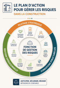 Un chantier de construction avec des plans et un ingénieur évaluant les risques