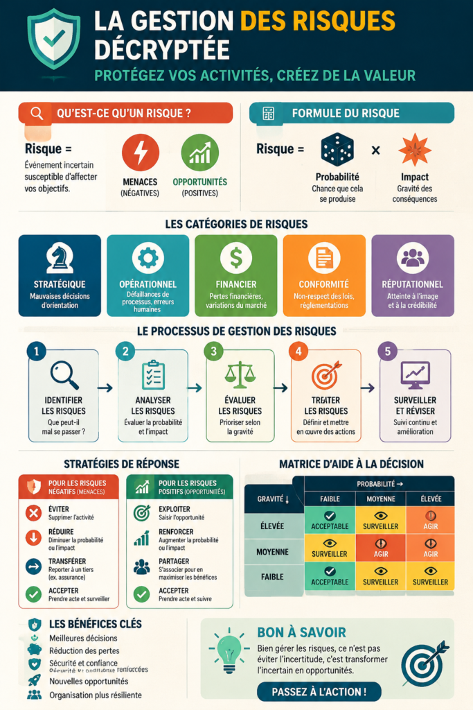 Illustration sur la gestion des risques en entreprise avec des éléments abstraits et des symboles de sécurité.