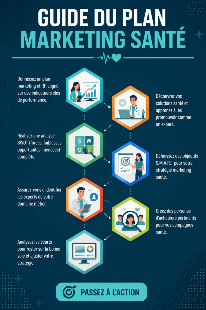 Visuel illustrant un guide pratique pour le marketing dans le secteur de la santé