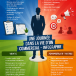 Une journée typique d'un commercial au travail, illustrant divers aspects de la vente et de la relation client.