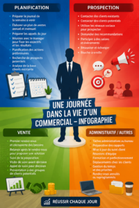 Une journée typique d'un commercial au travail, illustrant divers aspects de la vente et de la relation client.