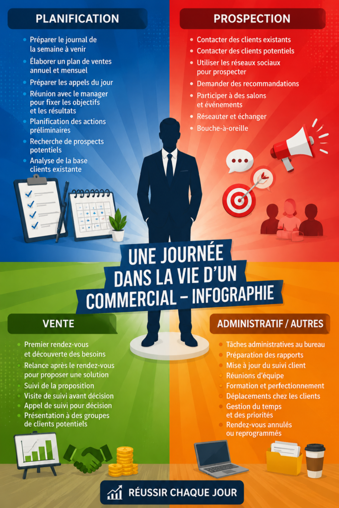 Une journée typique d'un commercial au travail, illustrant divers aspects de la vente et de la relation client.