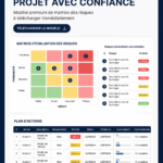 Femme souriante présentant un plan de gestion de projet sur un tableau blanc.