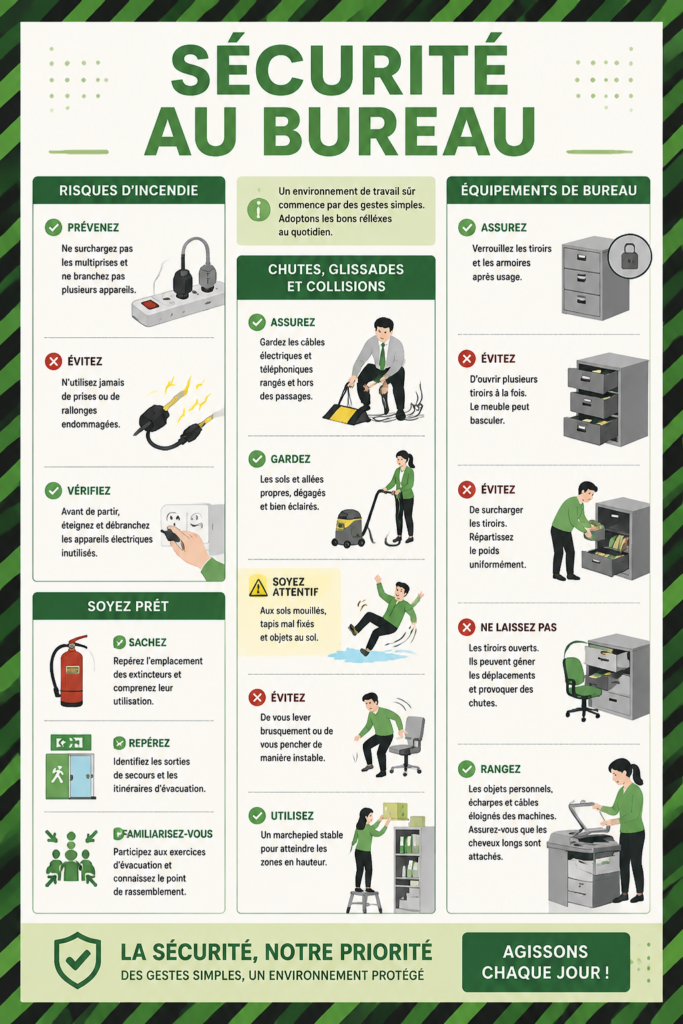 Affiche de sécurité au bureau avec des conseils pratiques