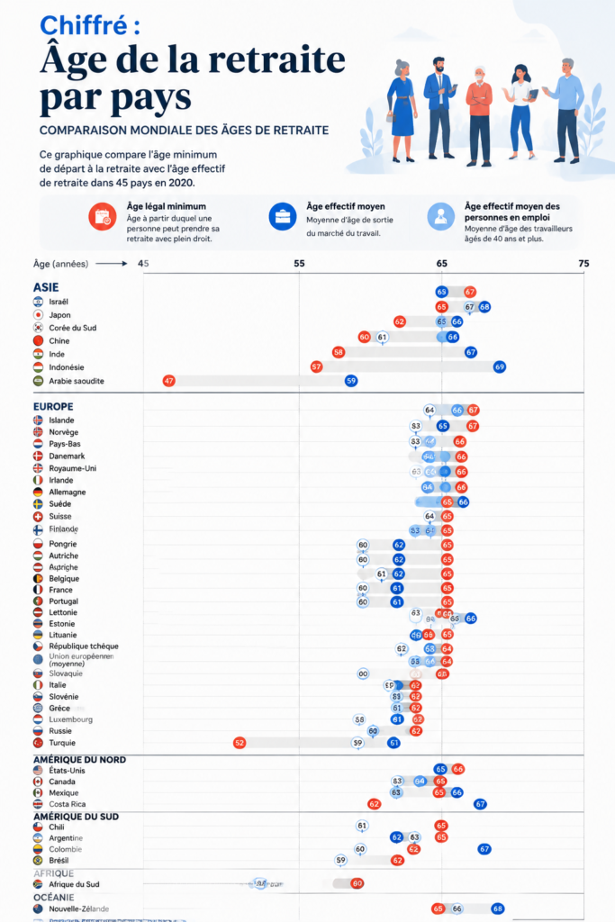 Carte du monde montrant l'âge de la retraite par pays, avec des couleurs distinctes.