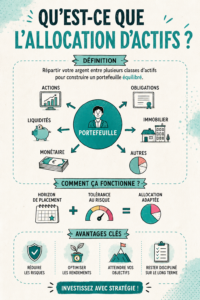 Illustration d'une allocation d'actifs diversifiée avec des graphiques et des catégories.