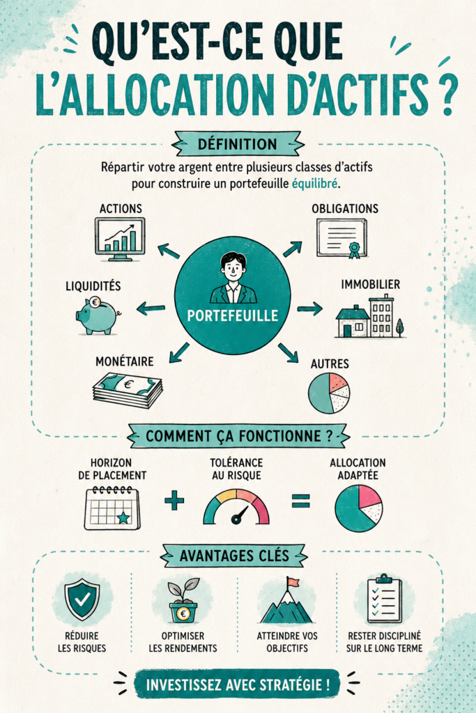 Illustration d'une allocation d'actifs diversifiée avec des graphiques et des catégories.
