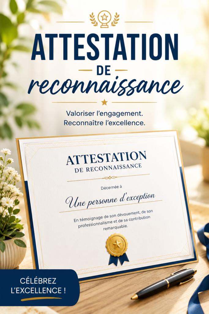Un modèle d'attestation de reconnaissance sur un bureau