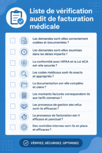 Checklist d'audit médical sur un bureau avec des documents et un ordinateur.
