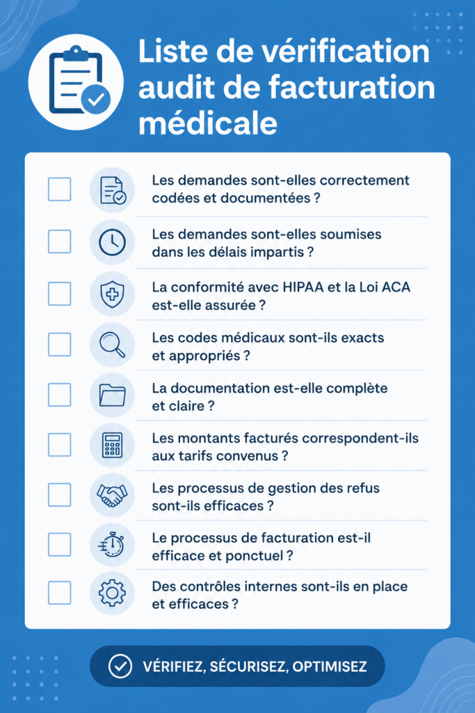Checklist d'audit médical sur un bureau avec des documents et un ordinateur.