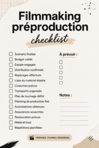 Image représentant une checklist de préproduction pour un film sur fond de plan de tournage.