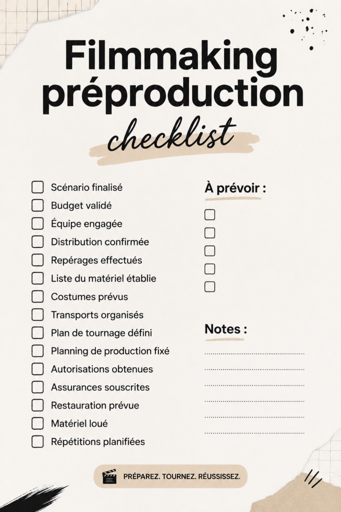 Image représentant une checklist de préproduction pour un film sur fond de plan de tournage.