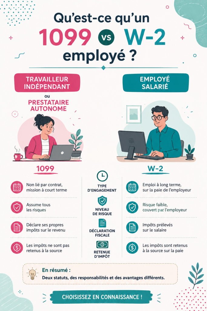 Infographie illustrant les différences entre employés W-2 et travailleurs 1099.
