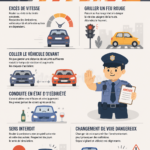 Infographie illustrant les principales infractions routières et la sécurité routière.