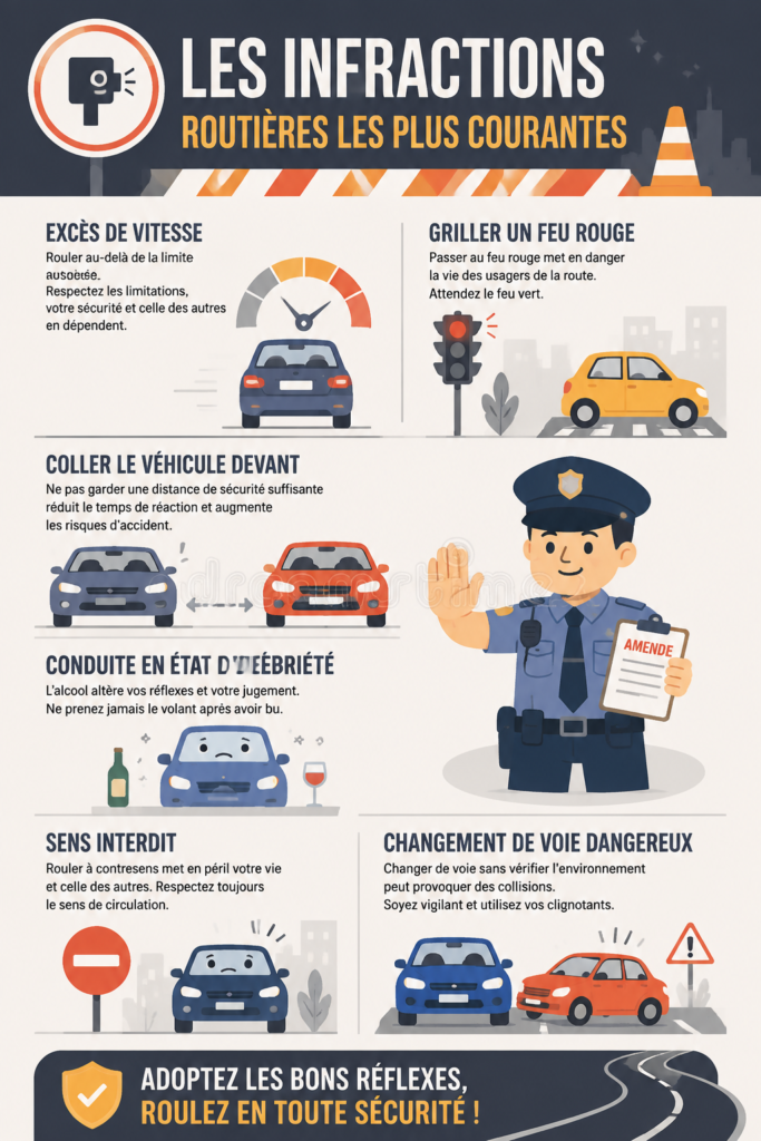 Infographie illustrant les principales infractions routières et la sécurité routière.