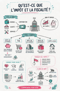 Illustration d'un couple discutant des impôts et de la fiscalité dans un environnement chaleureux.