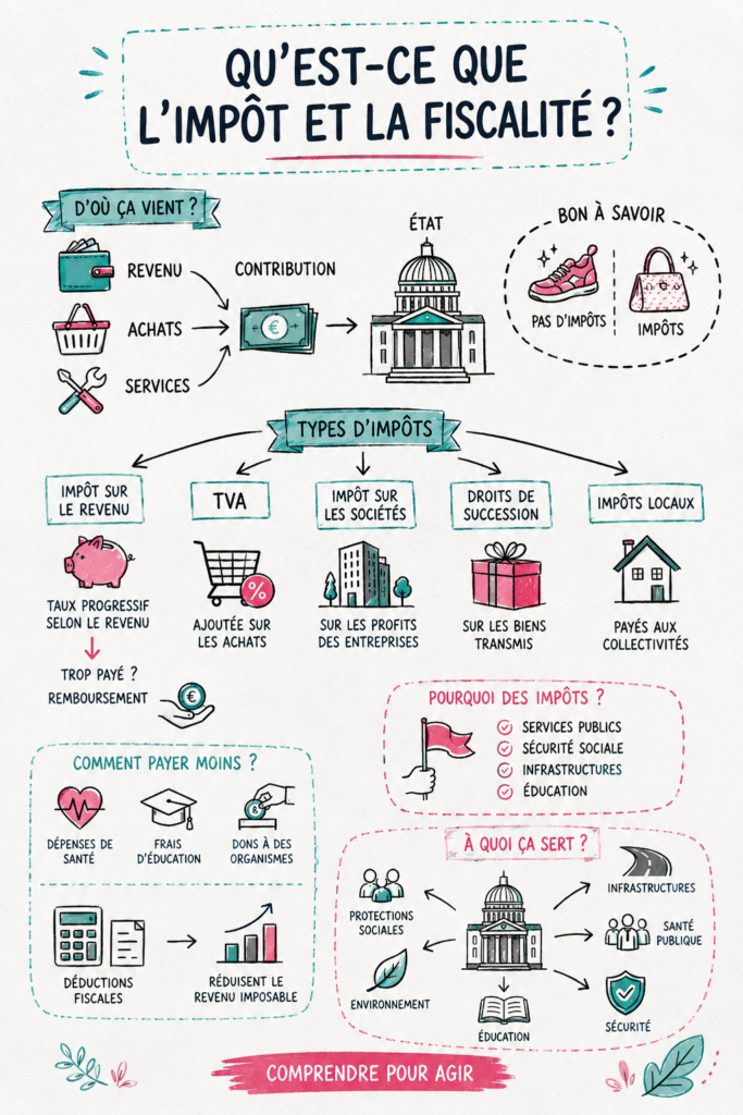 Illustration d'un couple discutant des impôts et de la fiscalité dans un environnement chaleureux.