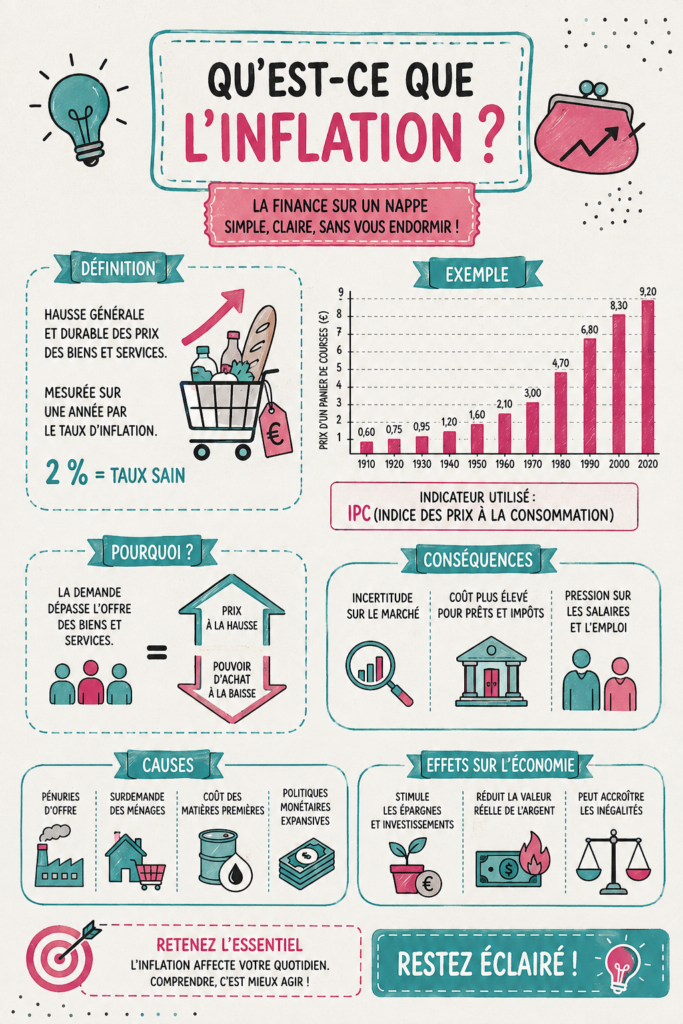 Une femme souriante consulte son budget avec un graphique de l'inflation en arrière-plan.