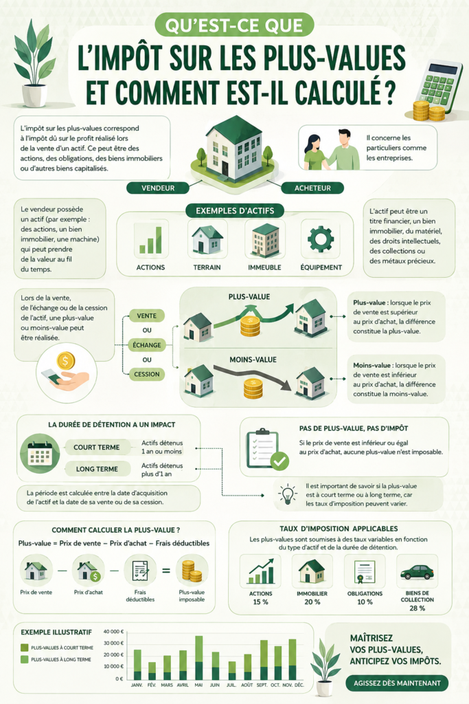 Illustration représentant des investissements et la fiscalité des plus-values.