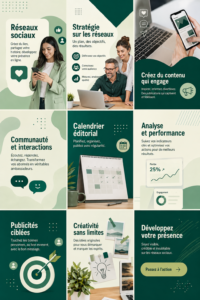 Illustration d'une femme entrepreneur utilisant un ordinateur portable, entourée d'icônes de réseaux sociaux et de comptabilité.