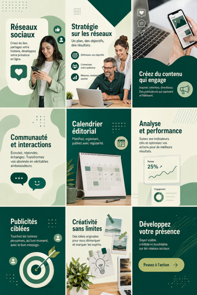 Illustration d'une femme entrepreneur utilisant un ordinateur portable, entourée d'icônes de réseaux sociaux et de comptabilité.