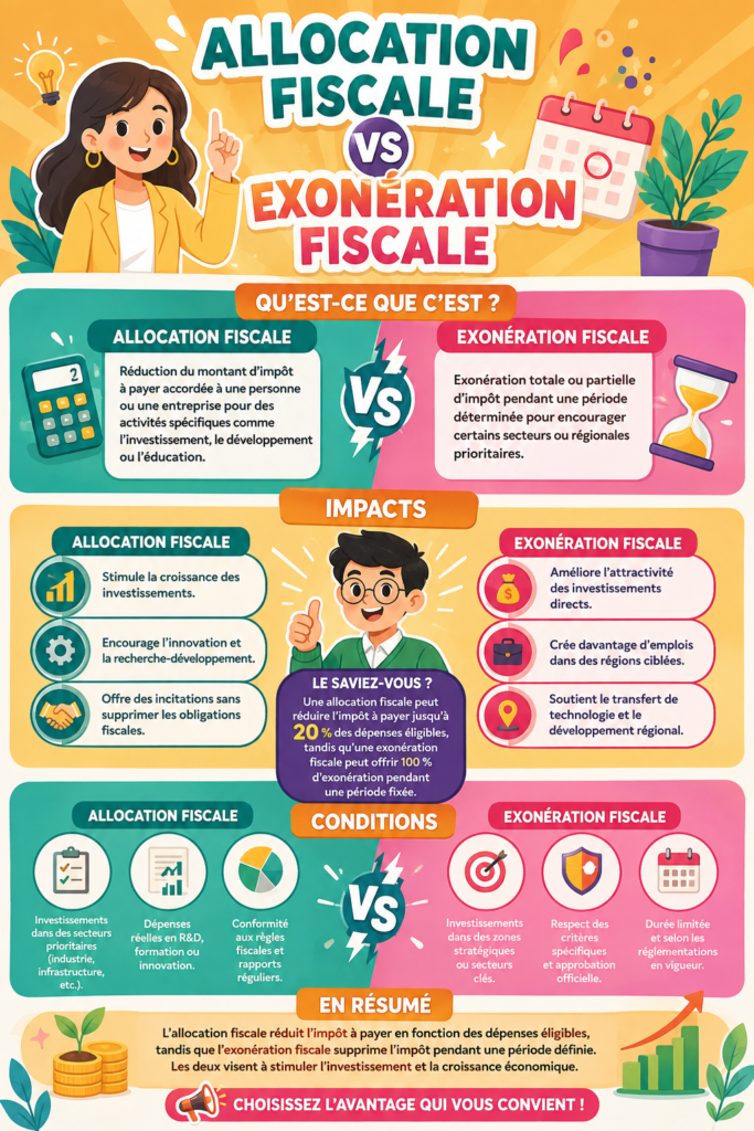 Infographie sur la différence entre exonération et déduction fiscales dans la gestion des impôts.