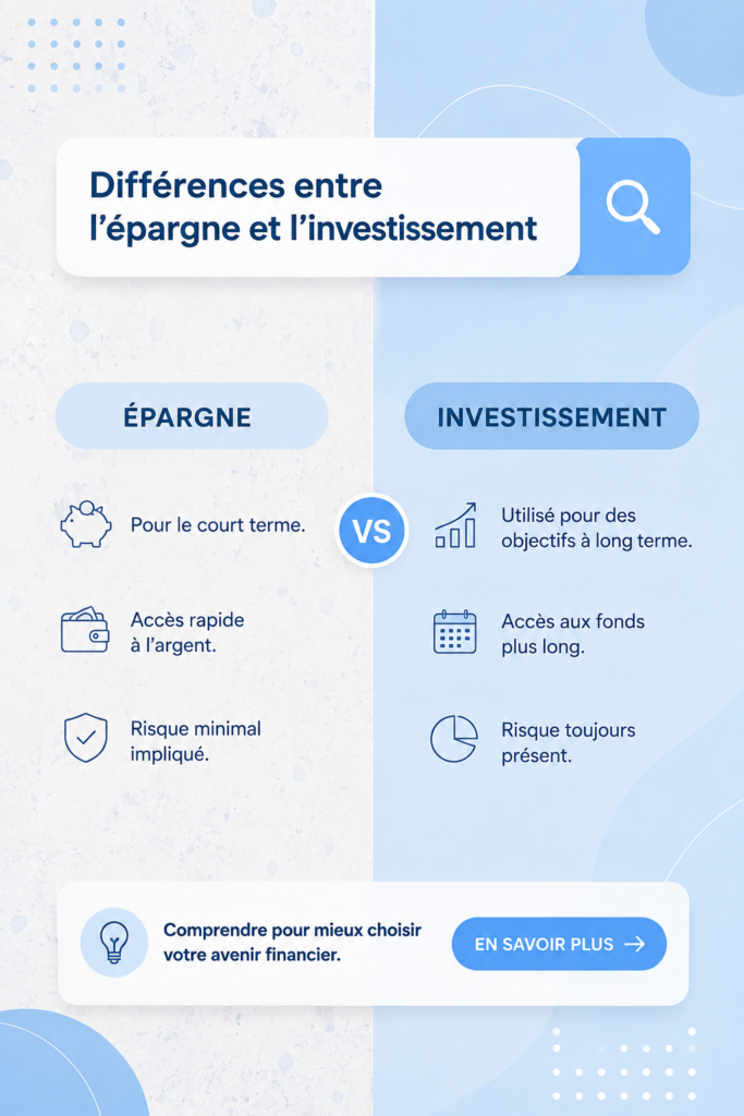 Illustration des différences entre épargne et investissement dans la gestion financière.