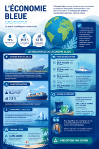 Image représentant l'économie bleue avec des indications d'innovation et de durabilité.