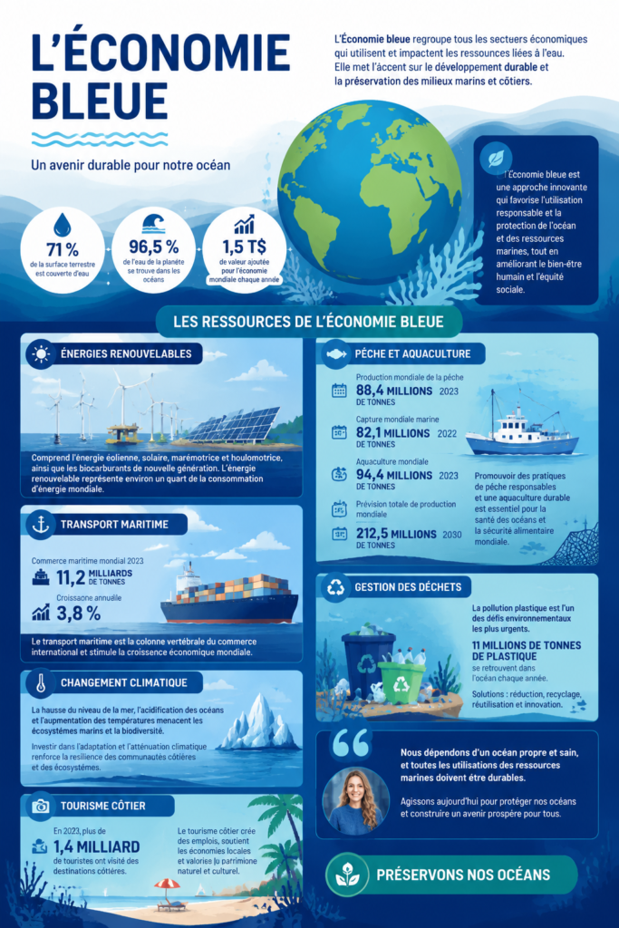 Image représentant l'économie bleue avec des indications d'innovation et de durabilité.