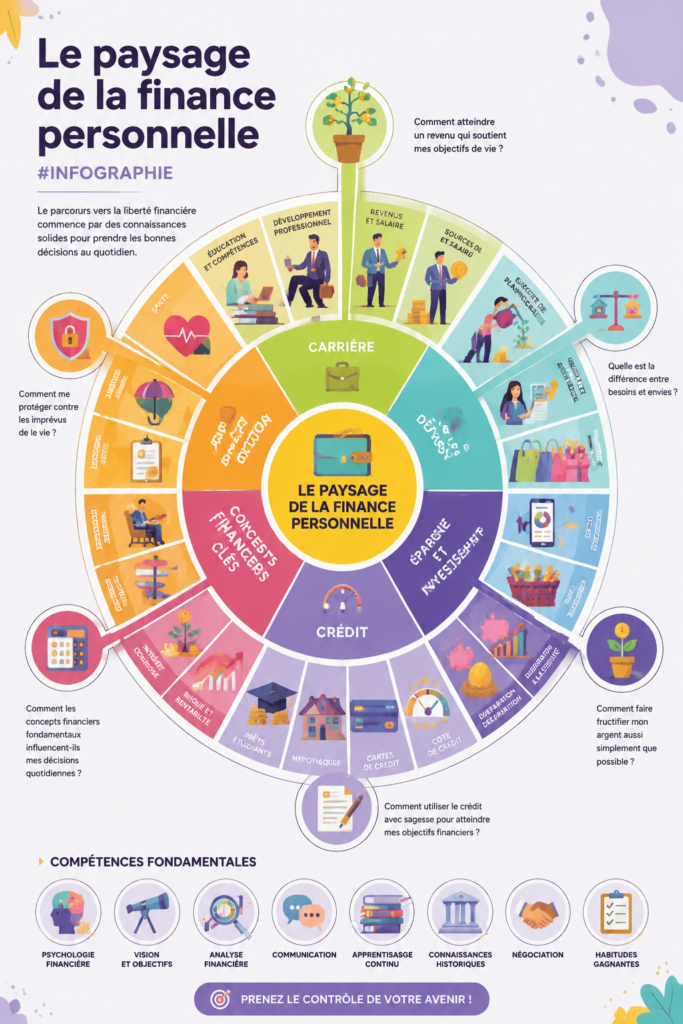 Infographie illustrant les bases des finances personnelles avec des outils de gestion financière.