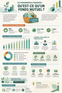Image illustrant un fonds commun de placement avec des graphiques financiers et des symboles d'investissement.