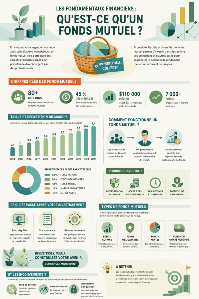 Image illustrant un fonds commun de placement avec des graphiques financiers et des symboles d'investissement.