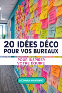 Mur de bureau décoré avec des œuvres d'art inspirantes et des couleurs apaisantes.