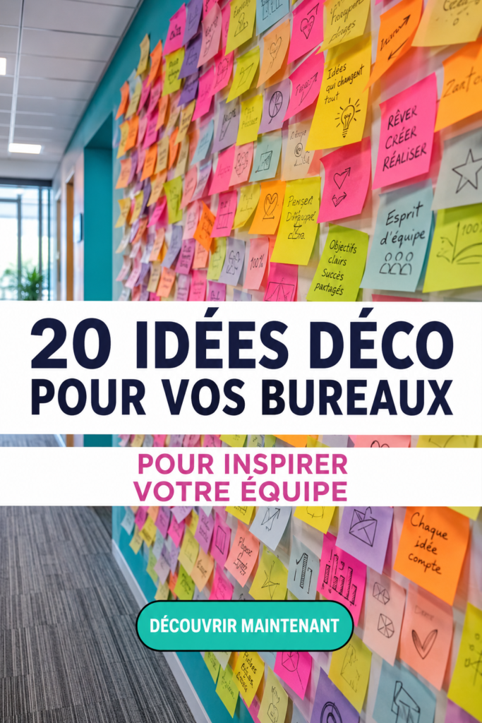 Mur de bureau décoré avec des œuvres d'art inspirantes et des couleurs apaisantes.